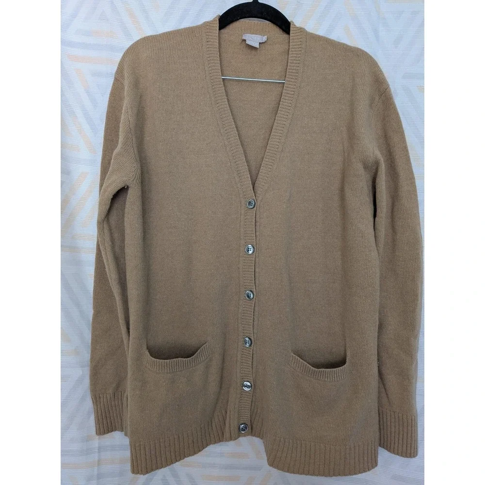 J. Crew Lambswool Blend Cardigan Camel Brown Button‎ Front Pockets Size S